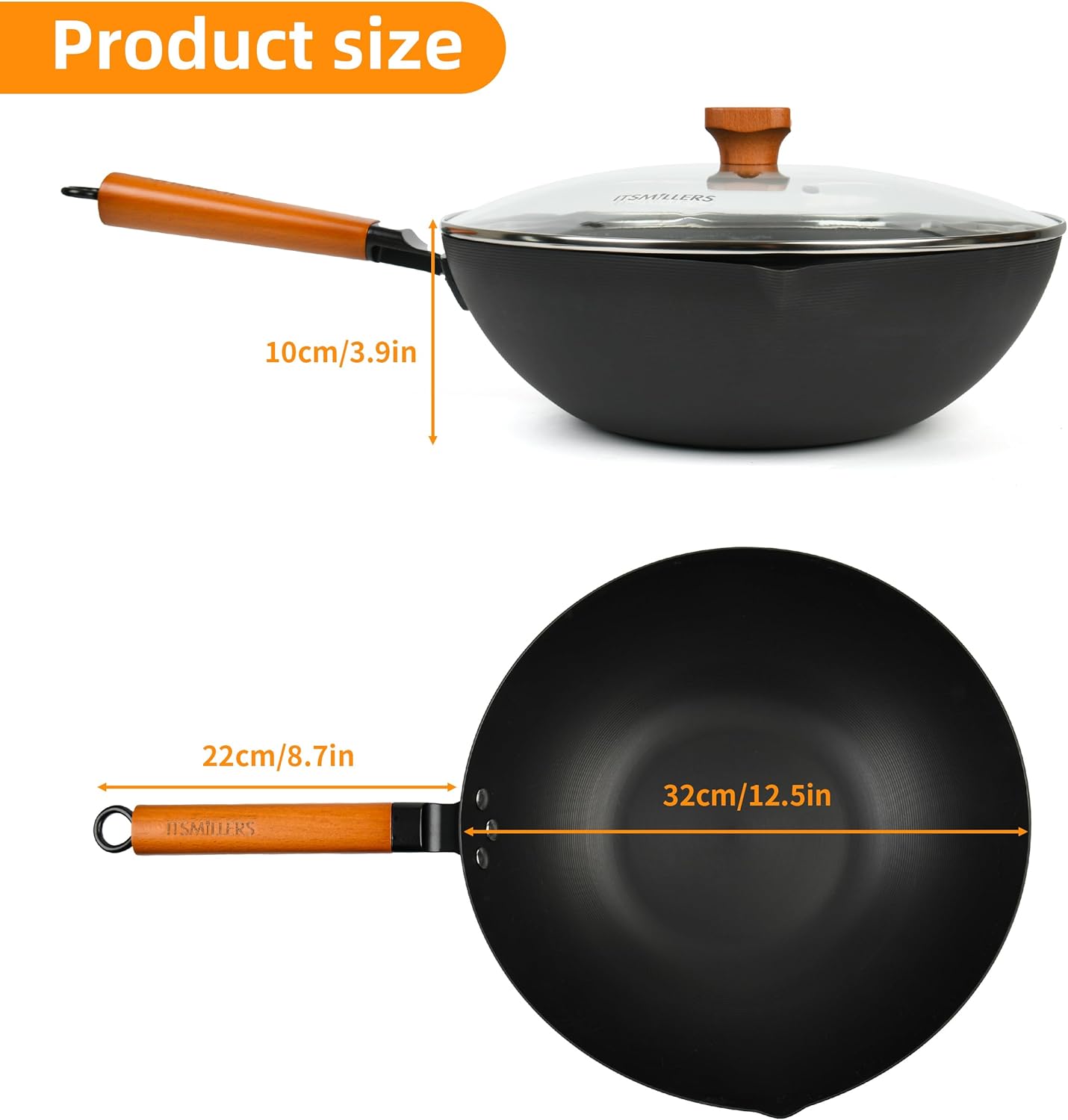 12.5-Inch Carbon Steel Wok with Lid – Pre-Seasoned Flat Bottom Stir-Fry Pan, Nonstick Wok for Induction, Gas, Electric & All Stovetops – Chinese Wok with Glass Lid