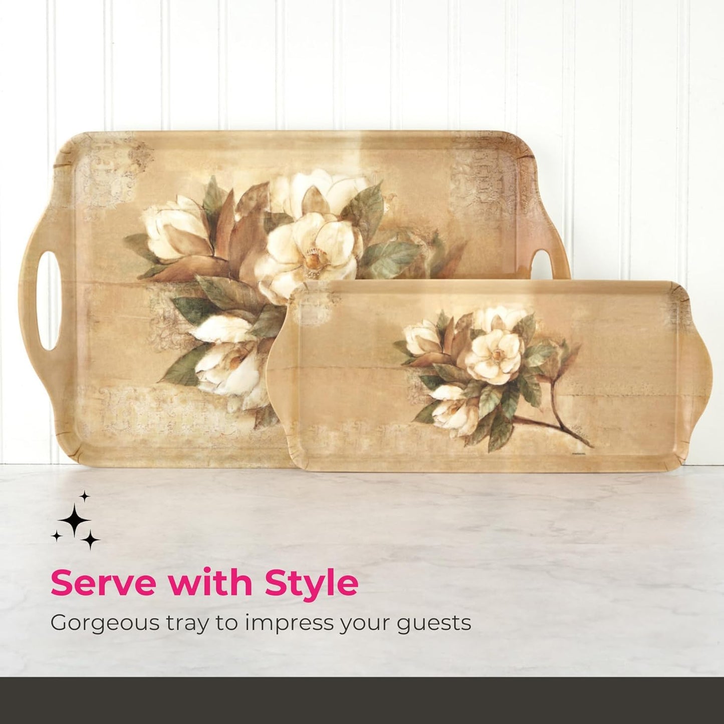 Pimpernel Sugar Magnolia Large Handled Tray - Rectangular Melamine Serving Tray with Bright Floral Magnolia Design & Side Handles - Dishwasher Safe Platter for Snacks Drinks/Decorative Table Display