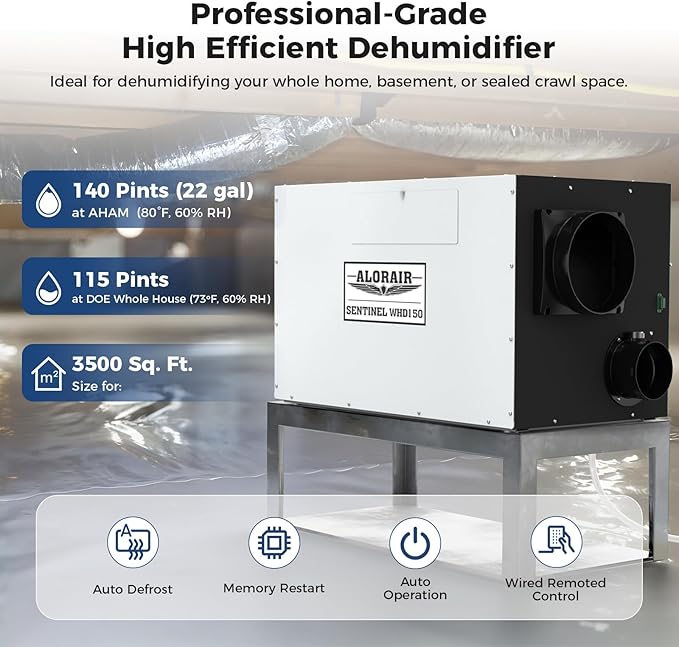 ALORAIR Whole House Dehumidifier, 140 PPD Commercial Grade Whole Home Dehumidifiers for Home, Garages, Water Damage Restoration, 3500 Sq.Ft dehumidifiers for Crawl Space