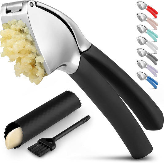 Zulay Kitchen Comfort Grip Garlic Press - Garlic Mincer Tool - Garlic Crusher - Garlic Press Mincer Rust Proof, with Soft Ergonomic Handle, Easy Clean Set with Peeler and Brush