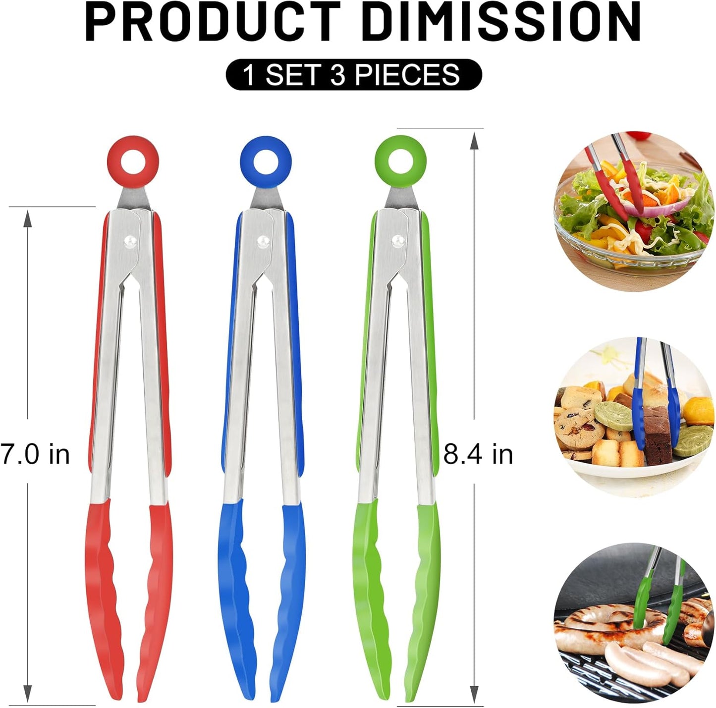Hotec Mini Silicone Kitchen Tongs for Cooking - 7-Inch Small Serving Tongs with Silicone Tips, Set of 3 (Red,Blue,Green)