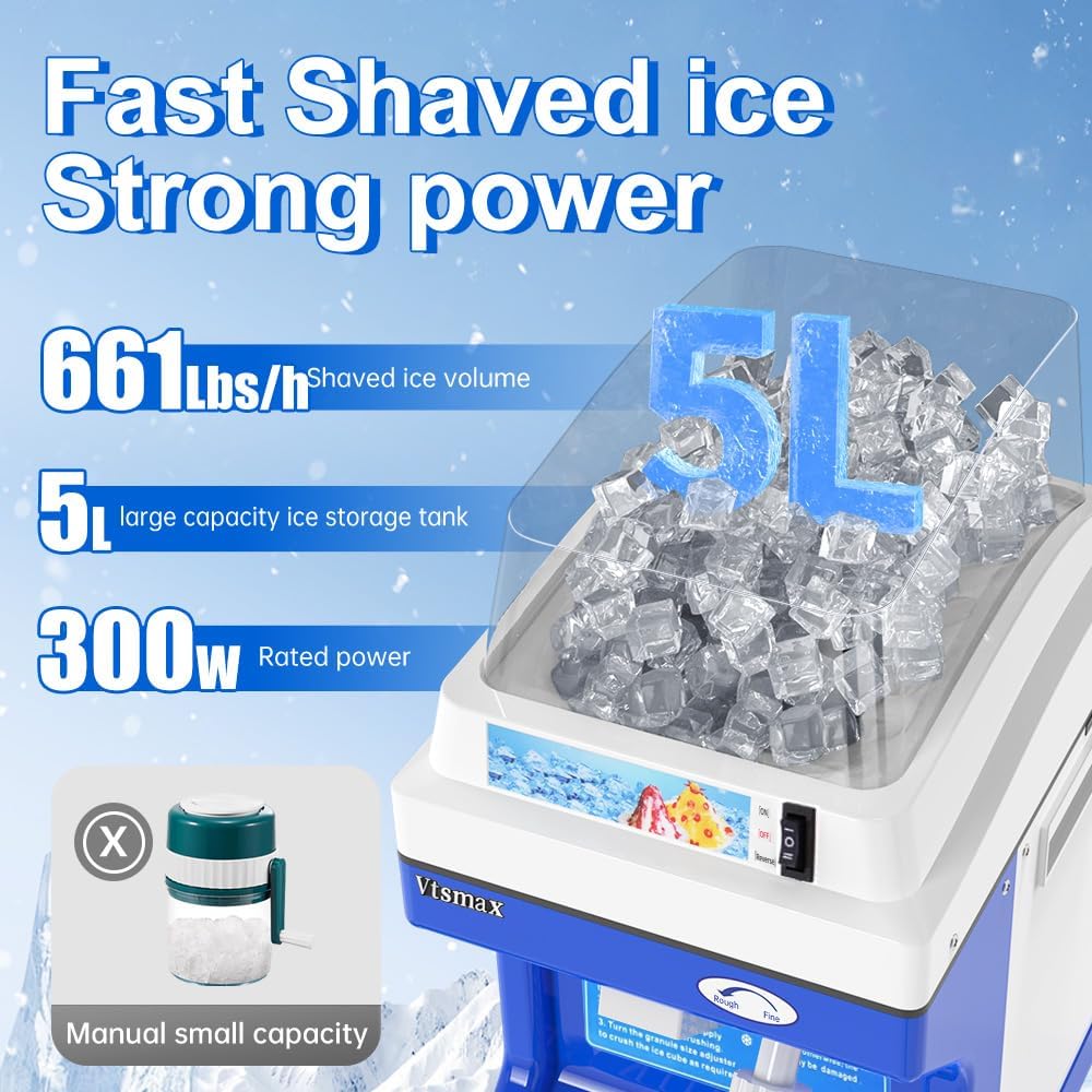 Electric Snow Cone Machine, 300W Ice Shaver Machine, Thickness Adjustable Snow Cone Maker Machine 661LBs/hr Ice Crusher for Bar Parties Events Snack, Home and Commerical Use Blue(5.8Qt)