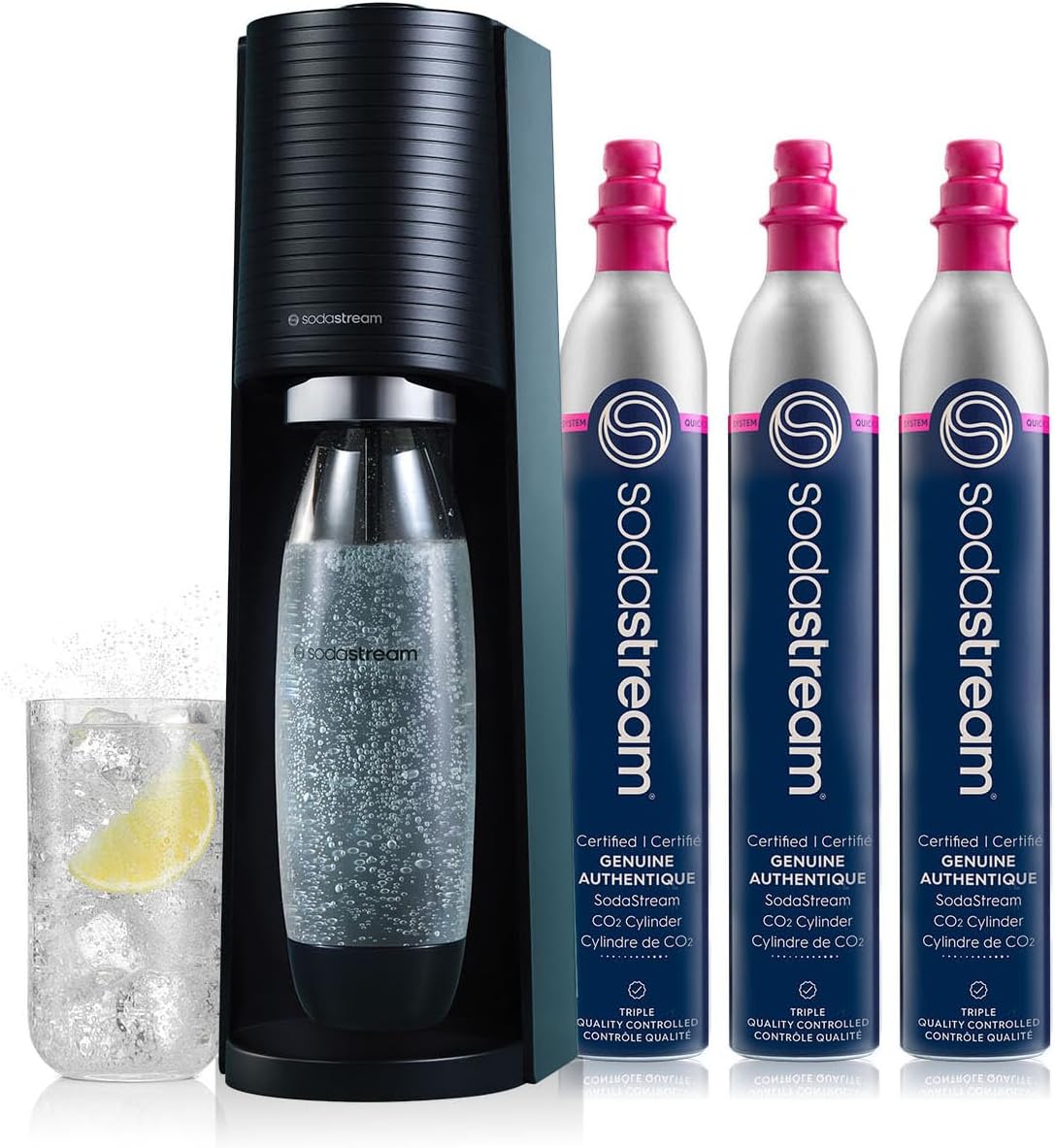 SodaStream Terra Sparkling Water Maker Bundle in Black - includes 3-Pack CO2 and Carbonating Bottle
