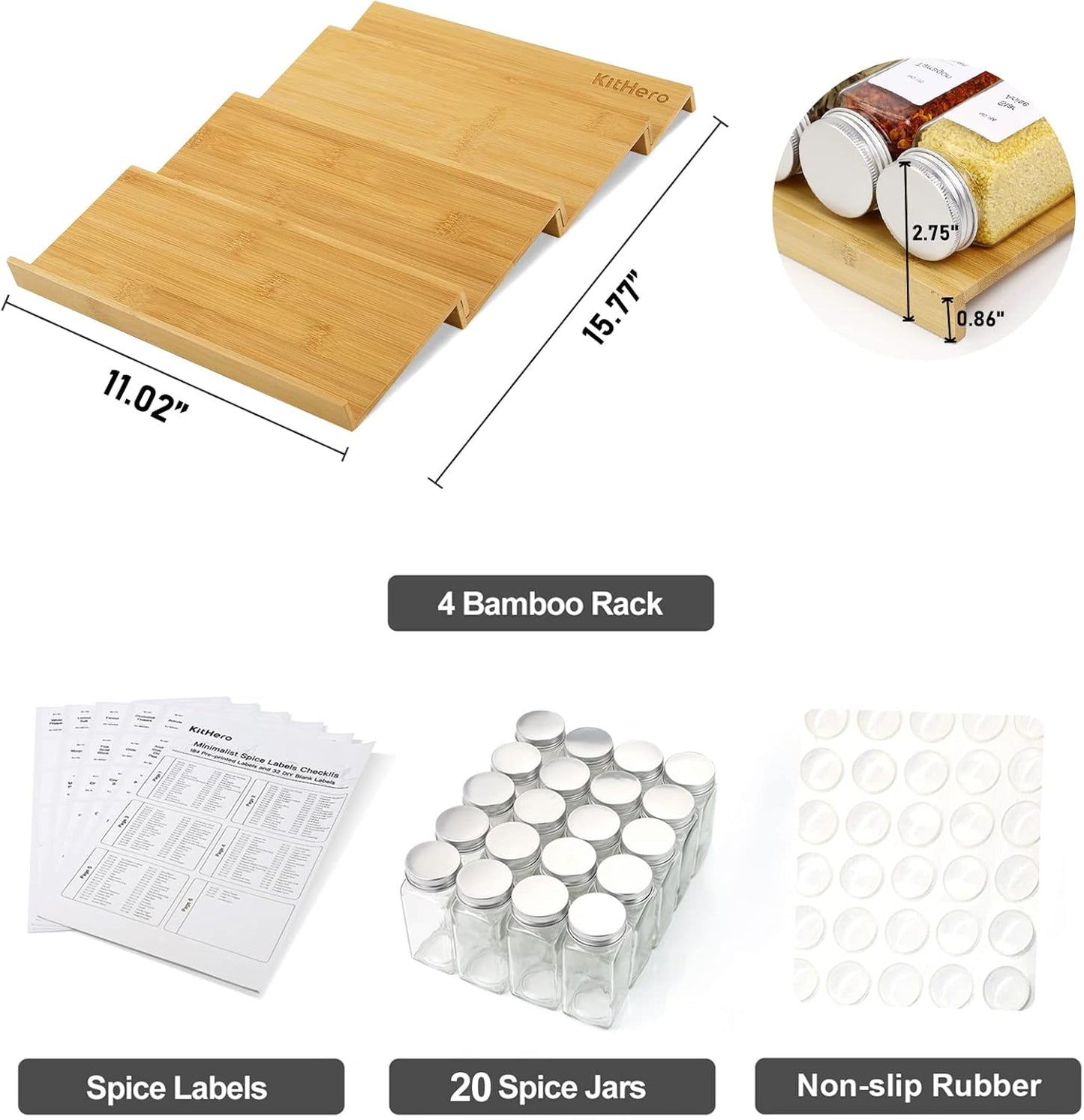 Spice Drawer Organizer with 20 Spice Jars,216 Labels,25 Non-slip Rubber, Bamboo 4 Tier Seasoning Rack Tray Insert for Kitchen Drawers,Cabinets,Countertop,11" Wide x 15.8" Deep