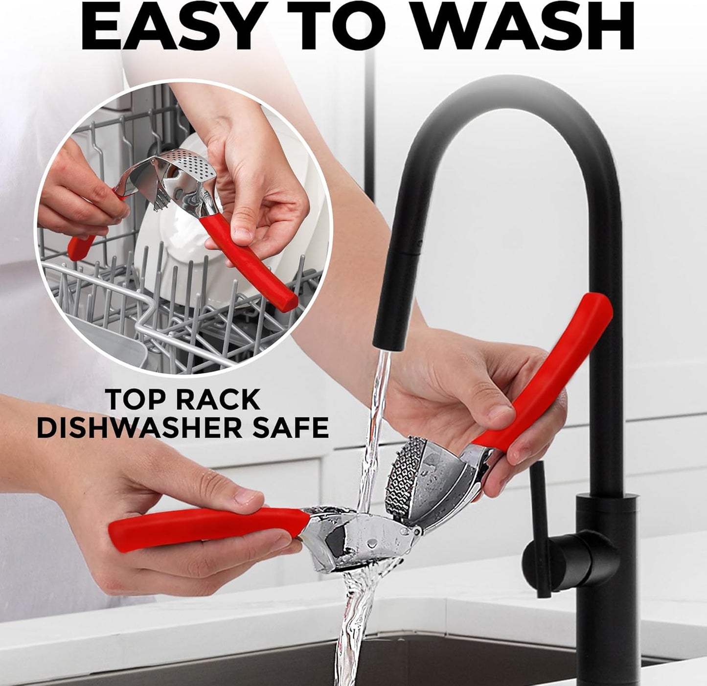 Zulay Kitchen Comfort Grip Garlic Press - Garlic Mincer Tool - Garlic Crusher - Garlic Press Mincer Rust Proof, with Soft Ergonomic Handle, Easy Clean Set with Peeler and Brush - Red