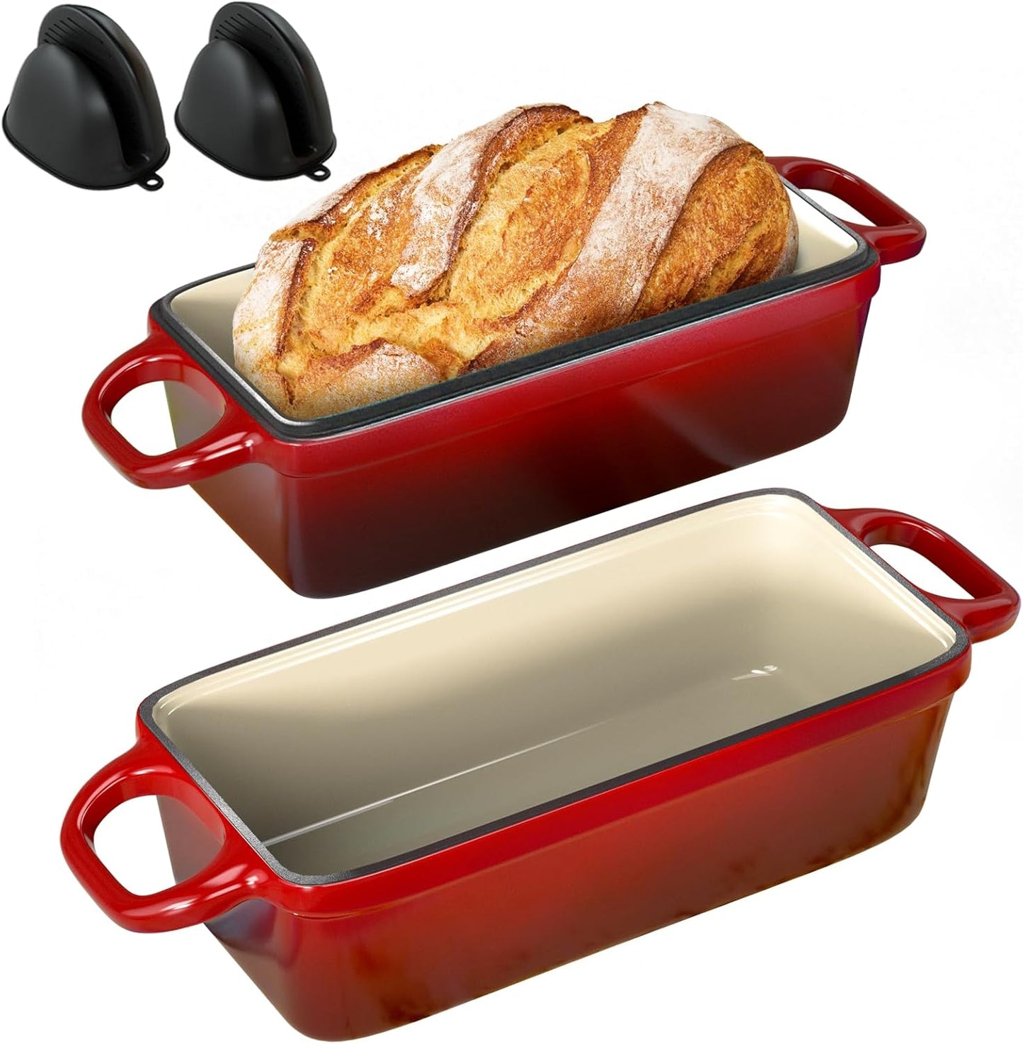 2 IN 1 Cast Iron Bread Loaf Pan with Lid, 3.4QT 9x5 Inch Dutch Oven for Bread Baking, Even Heating Bread Oven, Enameled Bread Pan for Homemade Sourdough Bread Baking & Versatile Cooking, Red