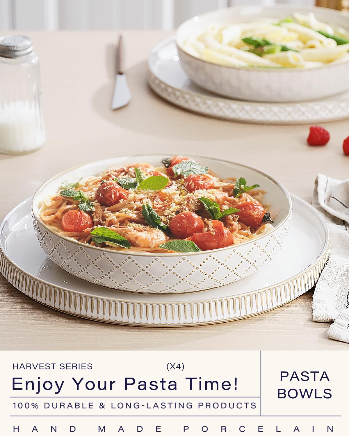 getstar Pasta Bowls, Large Salad Serving Bowls (8.2 inch/35 oz), Ceramic Bowl Plates Set of 4, Farmhouse Embossments, Microwave and Dishwasher Safe