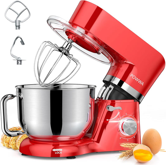Stand Mixer, POWWA 7.5 QT Electric Mixer, 6+P Speed 660W Household Tilt-Head Kitchen Food Mixers with Whisk, Dough Hook, Mixing Beater & Splash Guard for Baking, Cake, Cookie, Kneading (Red)