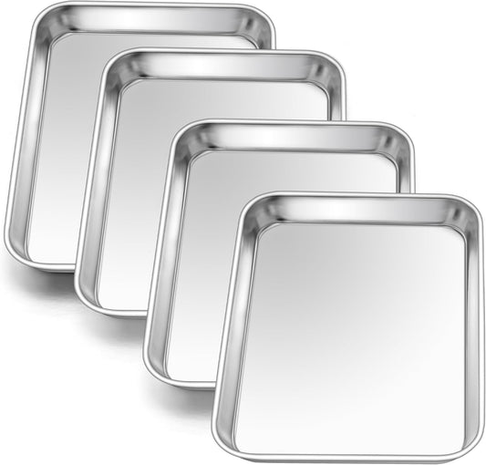 E-far 4 Pack Toaster Oven Trays, 9.4”x7.3” Stainless Steel Small Baking Cookie Sheets, Mini Non-toxic Metal Baking Pans for Cake, Healthy & Rust Free, Mirror Finish & Dishwasher Safe