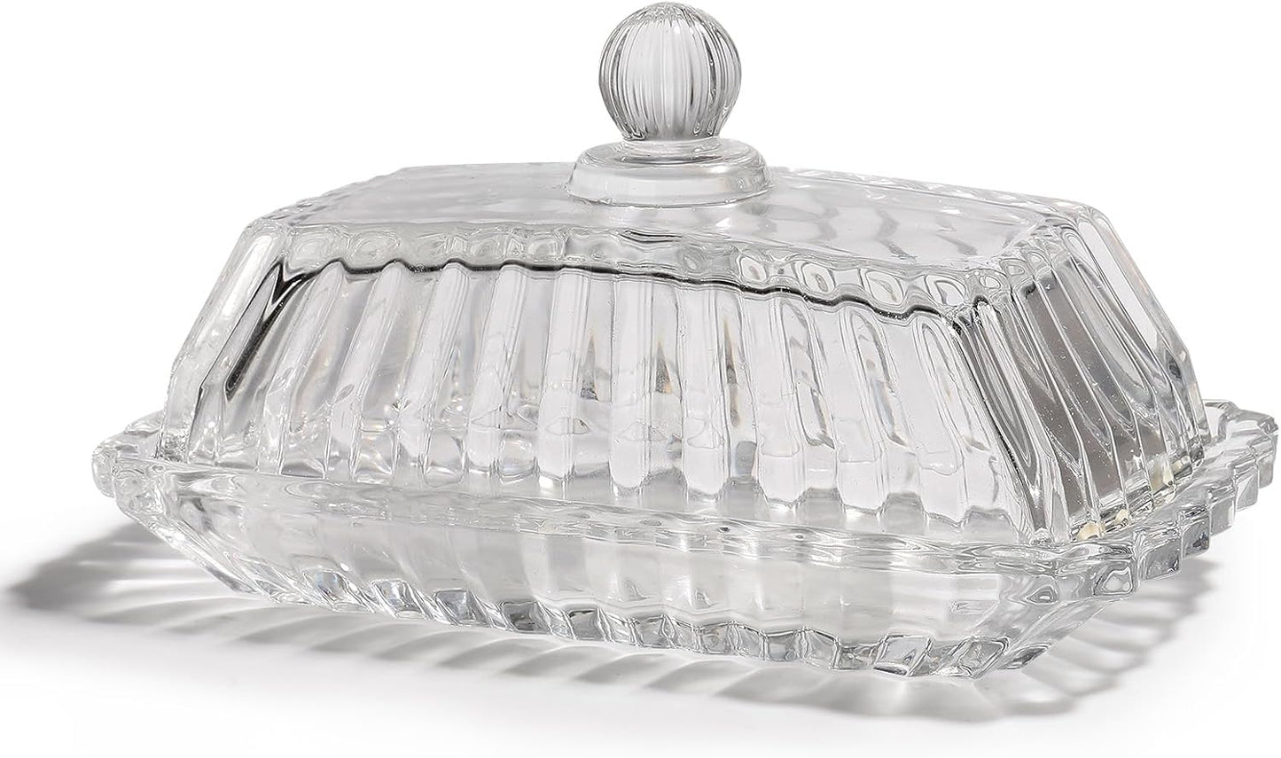 Glass Butter Dish with Lid for Countertop,Vintage Crystal Butter Container for Counter,Covered Glass Butter Keeper,Butter Tray for Refrigerator,Butter Holder with 4oz Butter