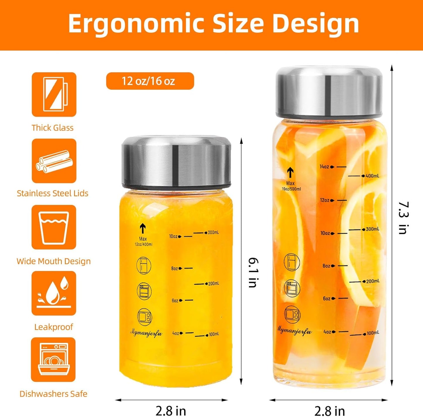 Glass Juice Bottles 4 Pack 16 oz - Wide Mouth Glass Water Bottles with Lids - for Juicing, Smoothies, Milk, Protein, BPA Free, Reusable, Stainless Steel Lids, Leak Proof, Shaker bottle [16oz/500ml]