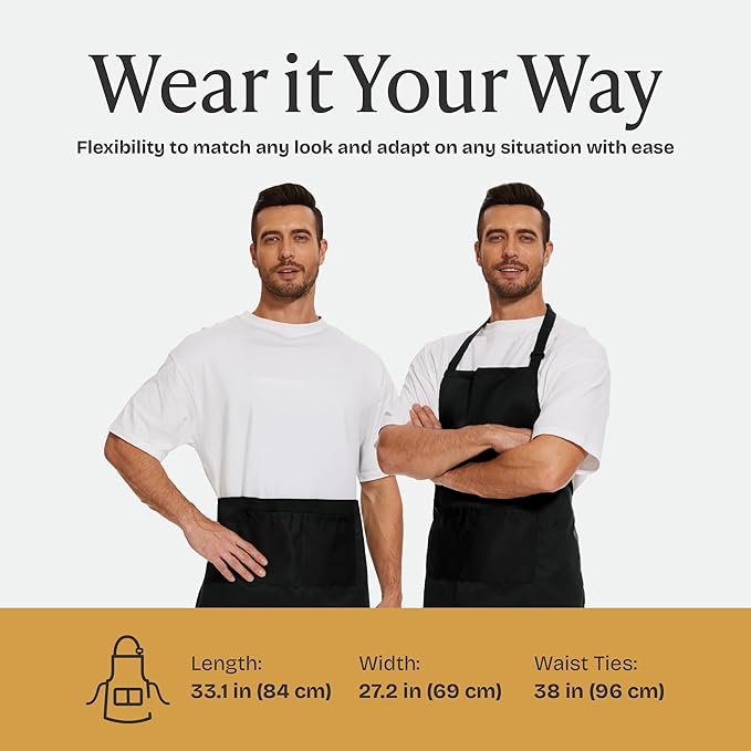 Will Well Chef Apron for Men and Women - 33" x 27" Large with 38" Waist Ties for a Comfy and Snug Fit, Durable and Lightweight, with 2 Spacious Pockets for Your Cooking Essentials - 2-Pack, Black