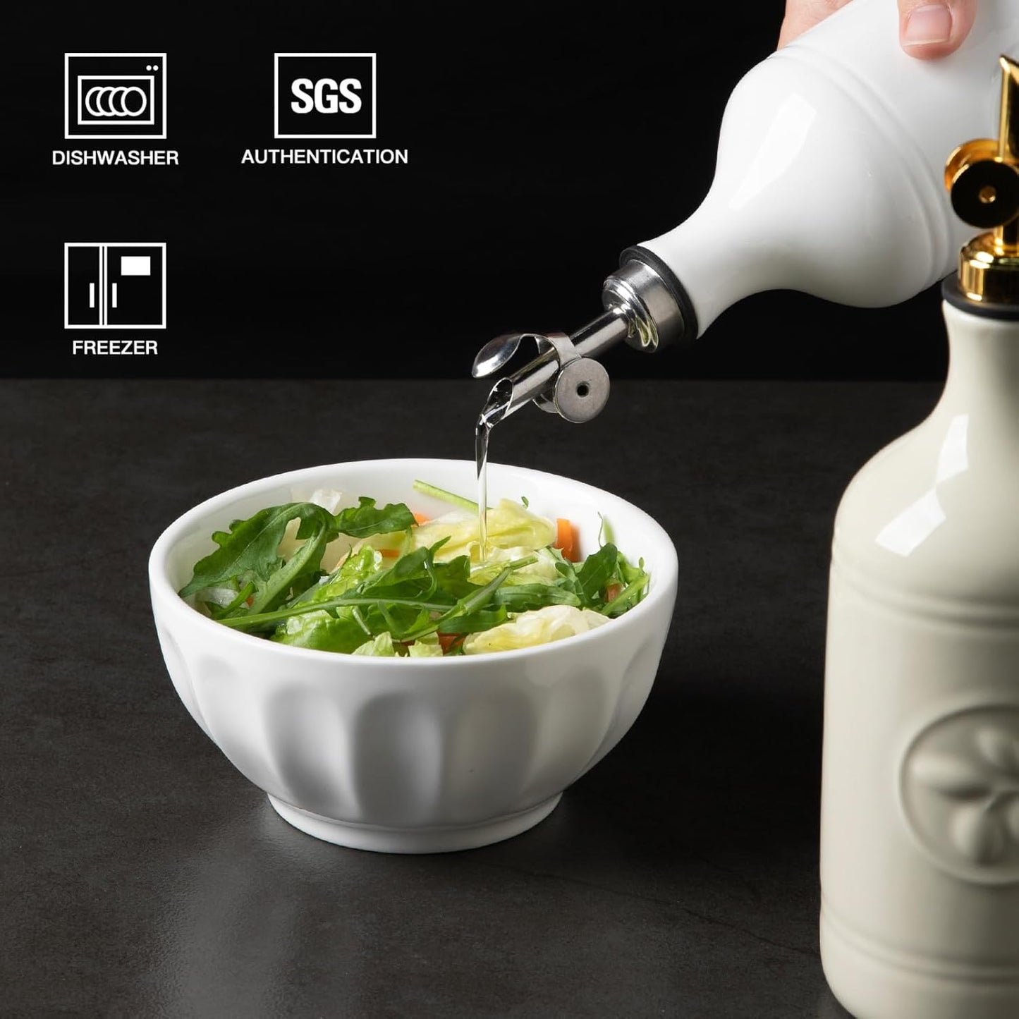 Sweejar 16 Oz Ceramic Olive Oil Dispenser Bottle, Oil Dispenser for Kitchen with Gravity Spout, Relief Opaque Oil Container for Evoo, Avocado Oil, Vinegar, Soy Sauce, 1 Pack(White, Silver Spout)