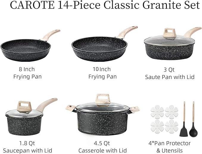 CAROTE 14Pcs Pots and Pans Set Non Stick, Cookware Sets Induction Cookware Granite Cooking Set with Frying Pans, Saucepans, Saute Pan, Extra Large Casserole
