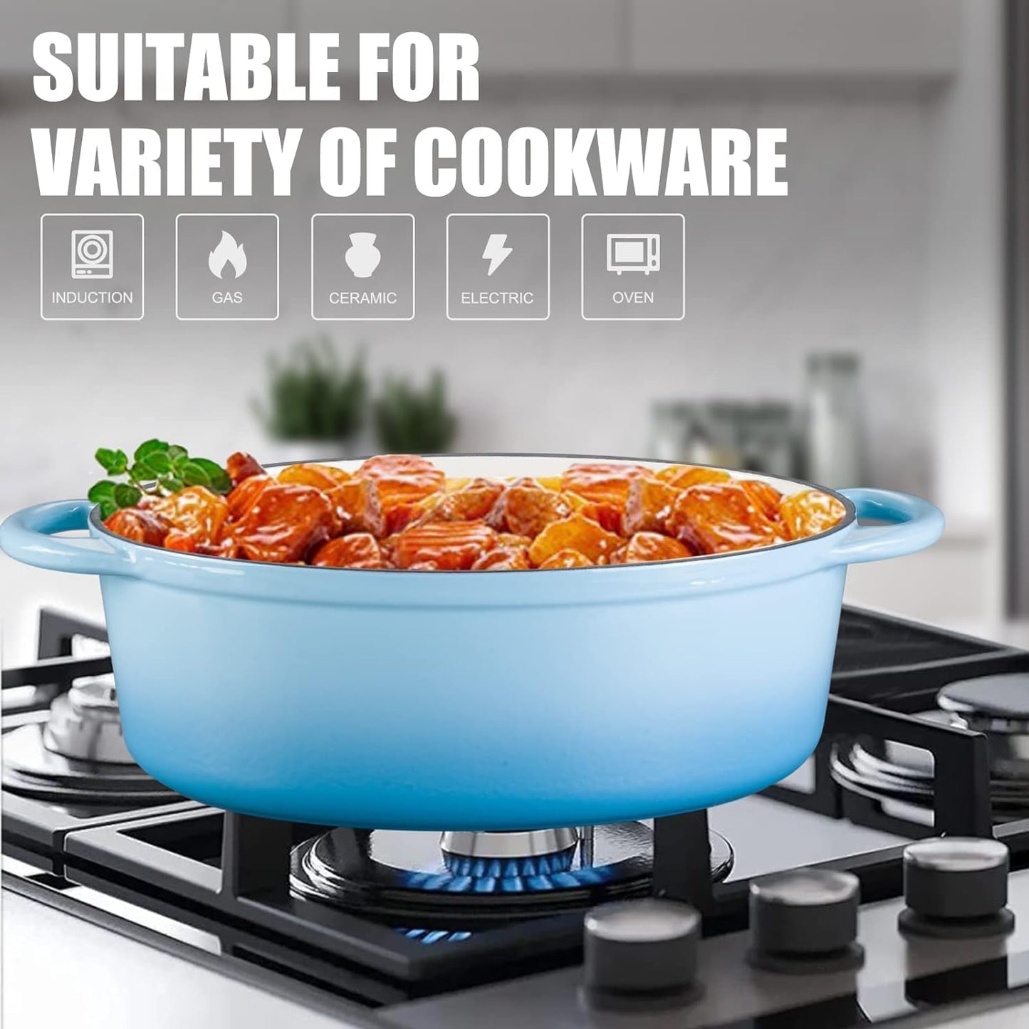 Enameled Cast Iron Oval Dutch Oven, 7 qt Oval Dutch Oven Pot with Lid and Dual Handles for Braising, for Braising, Broiling, Bread Baking, Frying, Light Blue