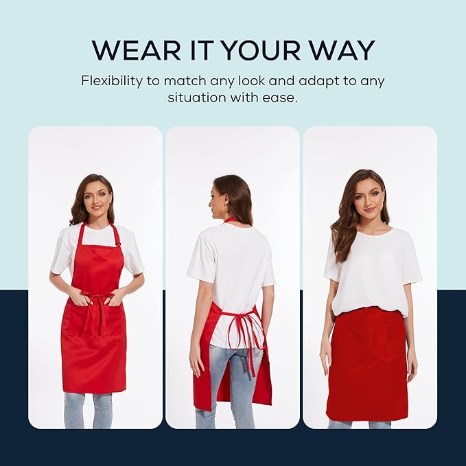 Will Well Kitchen Apron for Men and Women - 33" x 27" Oil-and-Water-Resistant with Adjustable Neck Strap and 38" Waist Ties for a Snug Fit, Lightweight with 2 Front Pockets - 2-Pack, Red