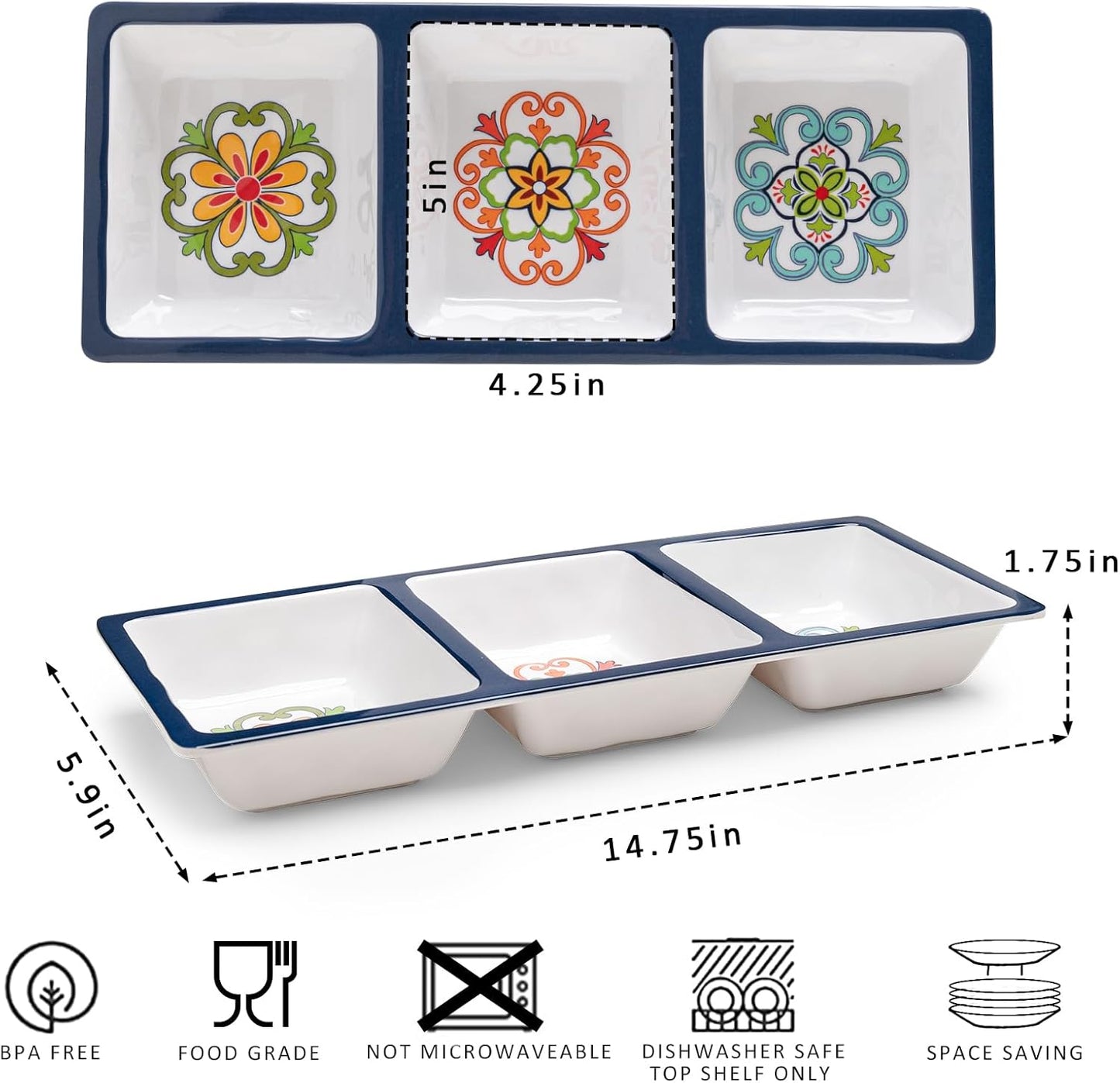 3-Section Divided Serving Trays, Talavera 14.75”x 6” Unbreakable Melamine Serving Platter for Serving Food, 3 Compartment Condiment Tray, Rectangular Condiment Server Set of 2