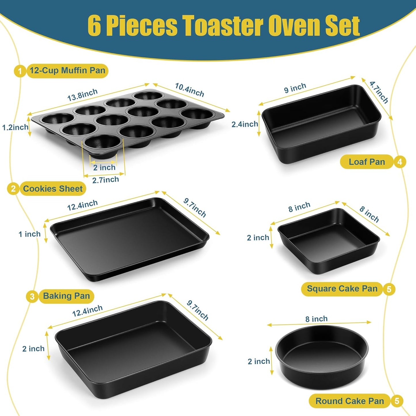E-far 6-Piece Bakeware Sets, Nonstick Stainless Steel Baking Pans Set - 8x8 Square/Round Cake Pan/Muffin/Loaf Pan/Roasting Tray/Cookie Sheet - for Kitchen Oven Cooking Lasagna Brownie Casserole, Black
