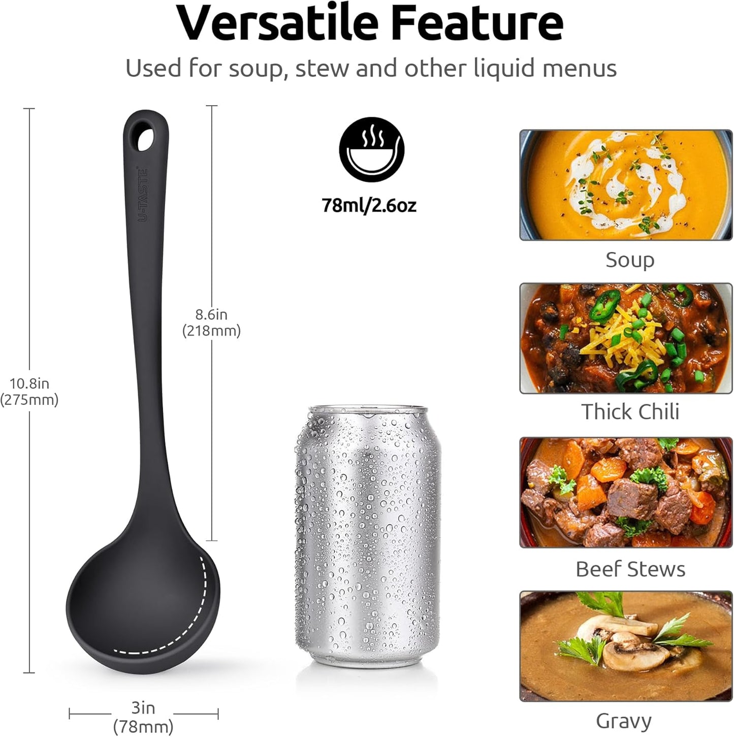 2.6oz Small Silicone Soup Ladle: U-Taste 600ºF Heat Resistant Non-Stick Kitchen Deep Serving Spoon, Soft Cooking Utensil with Non-Slip Solid Handle for Mixing Sauce Stew Gravy (11in, Black)