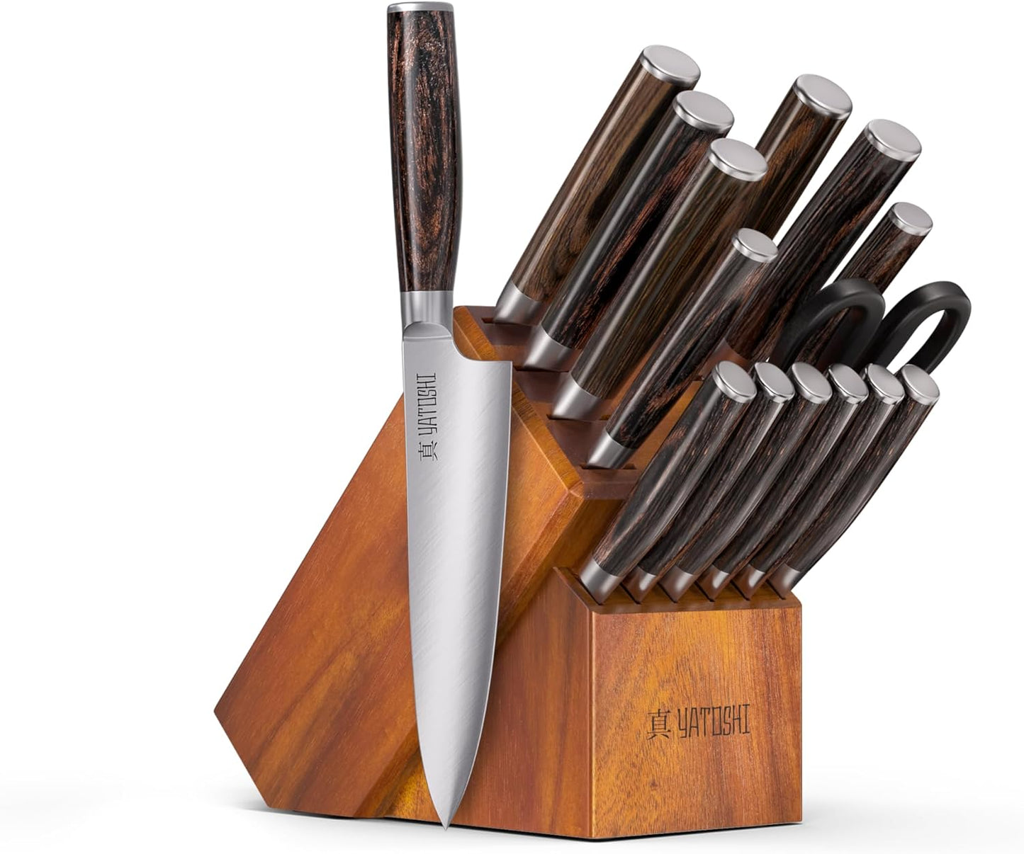 Yatoshi 15 Piece Knife Block Set - Pro Kitchen Knife Set Ultra Sharp High Carbon Stainless Steel with Ergonomic Handle