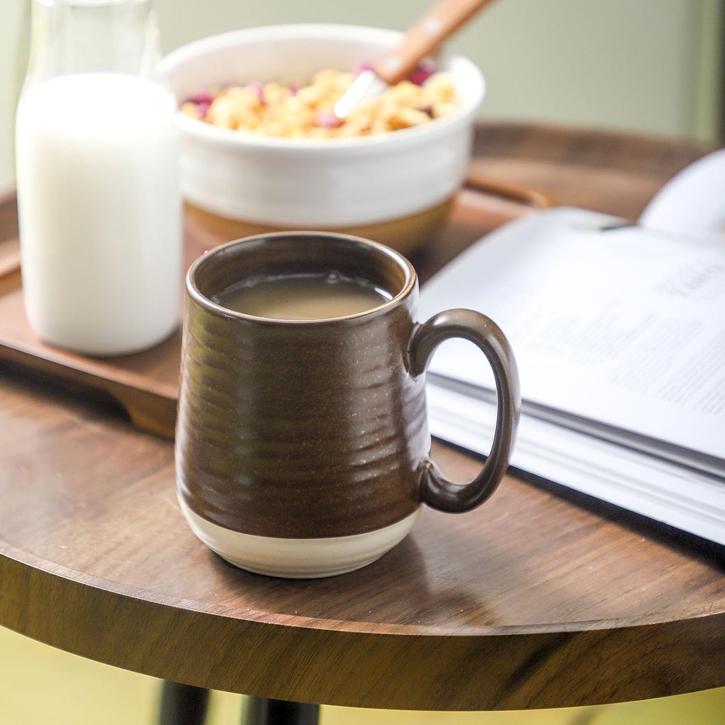 Hasense Coffee Cups Set of 6, 15 oz Stoneware Coffee Mugs with Big Handles, Modern Tea Cup for Indoor and Outdoor for Cocoa, Milk, Tea, Hot Chocolate, Soup, Valentine's Day Gifts, Brown