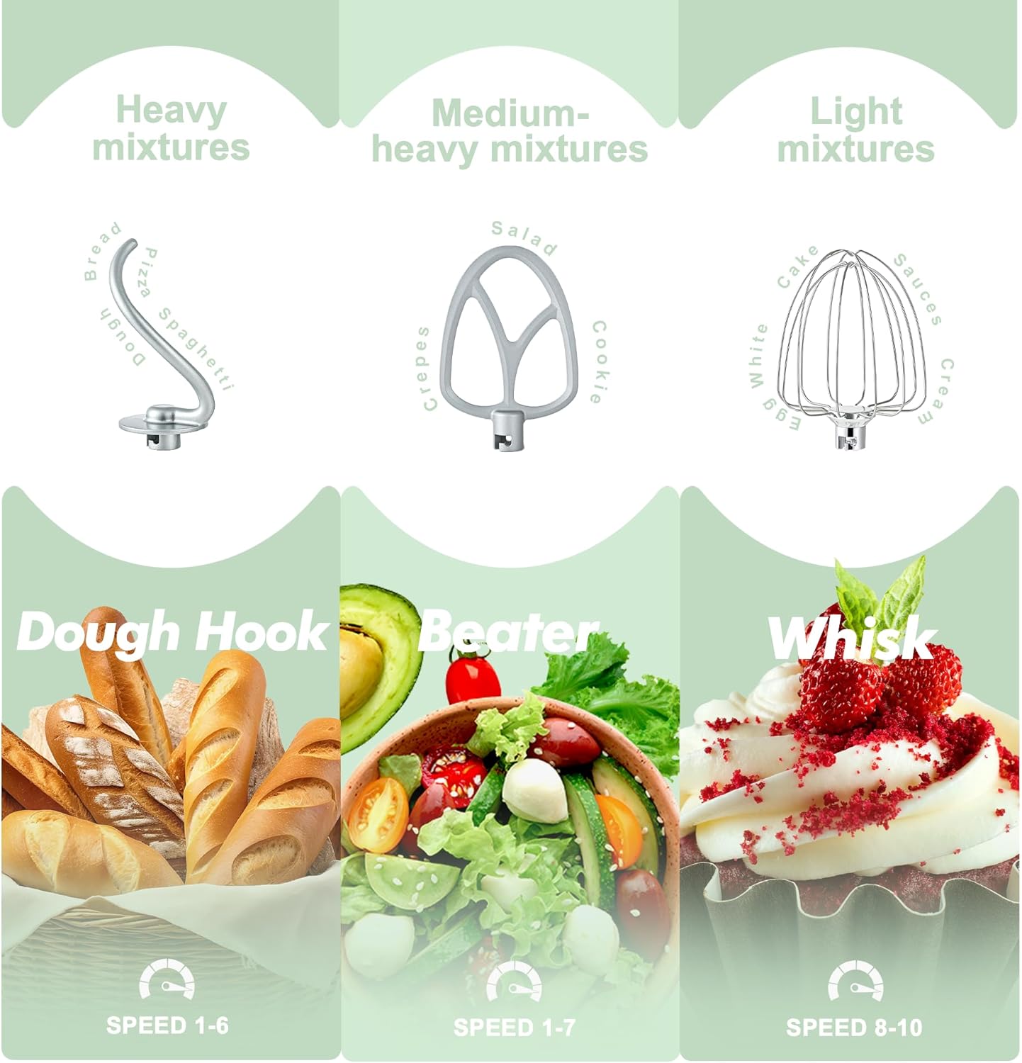 Kitchen in the box Stand Mixer, 4.5QT+5QT Two bowls Electric Food Mixer, 10 Speeds 3-IN-1 Kitchen Mixer for Daily Use with Egg Whisk,Dough Hook,Flat Beater (Pastel Green, 5QT)