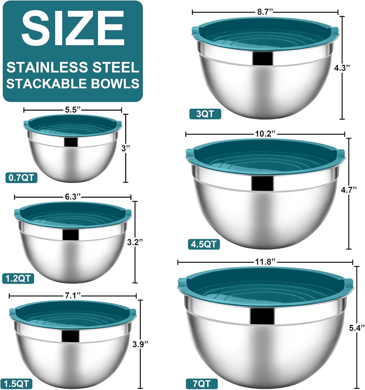 E-far Mixing Bowls with Lids, 12-Piece Stainless Steel Salad Bowls Metal Nesting Bowls for Baking Cooking and Prepping, Airtight Lids & Stackable Design, Size 7, 4.5, 3, 1.5, 1.2, 0.7 QT (Blue)