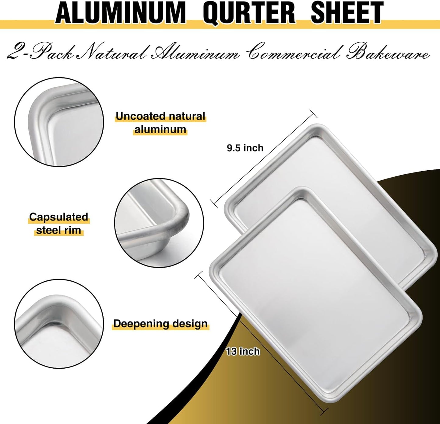 Commercial Quality Baking Sheet Pan Set, Natural Aluminum Cookie Sheet, Umite Chef Encapsulated Galvanized Steel Rim Warp Resistant Baker's Quarter Sheet Pan, Cookie Tray Pans for Baking, Roasting