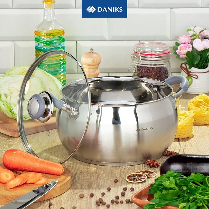 Daniks Modern 11-Piece Stainless Steel Induction Cookware Set – Dishwasher Safe Saucepan, Pots with Heatproof Handles, Glass Lids, Frying Pan with Lid, Silver