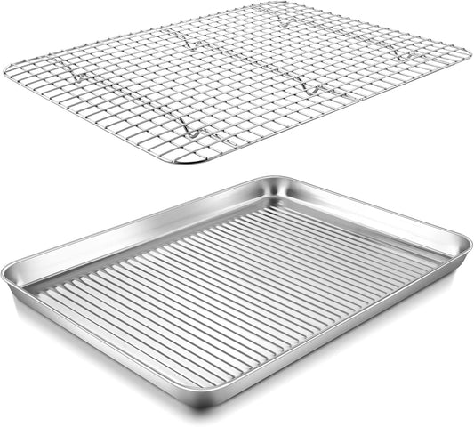 P&P CHEF Baking Oven Pan with Wire Rack, Stainless Steel Baking Oven Sheet Tray, Bacon Pan and Cooling Rack for Cooking Roasting Cookie, Dishwasher Safe & Easy Clean, 17.5 x 13 x 1 Inch