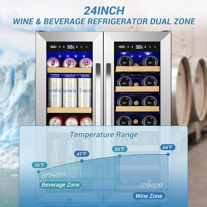 Wine and Beverage Refrigerator Under Counter, 24 Inch Beverage Fridge Dual Zone with Glass Door, Built In Beverage Cooler with Increase Capacity Space, Advanced Cooling System