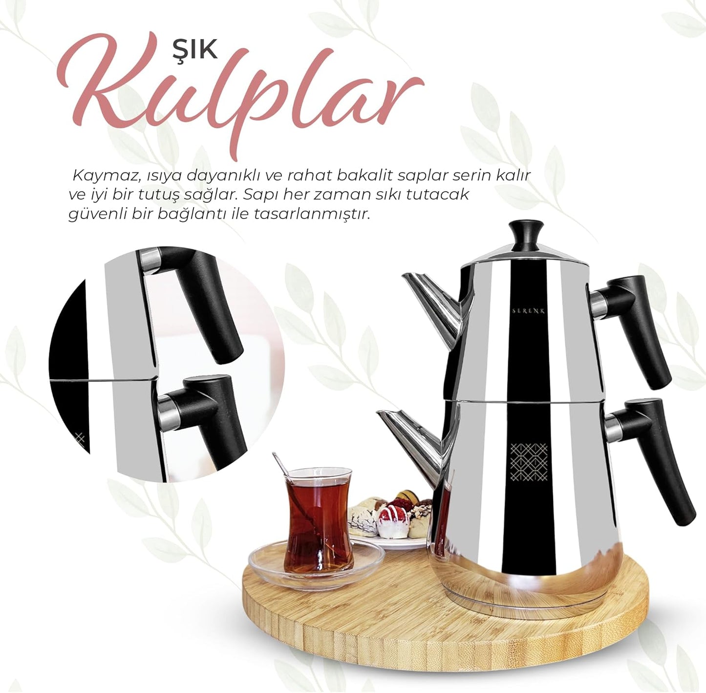 Serenk Stainless Steel Turkish Teapot Set, Double Kettle Set with Non-Slip Bakelite Handles, 101 Oz Black