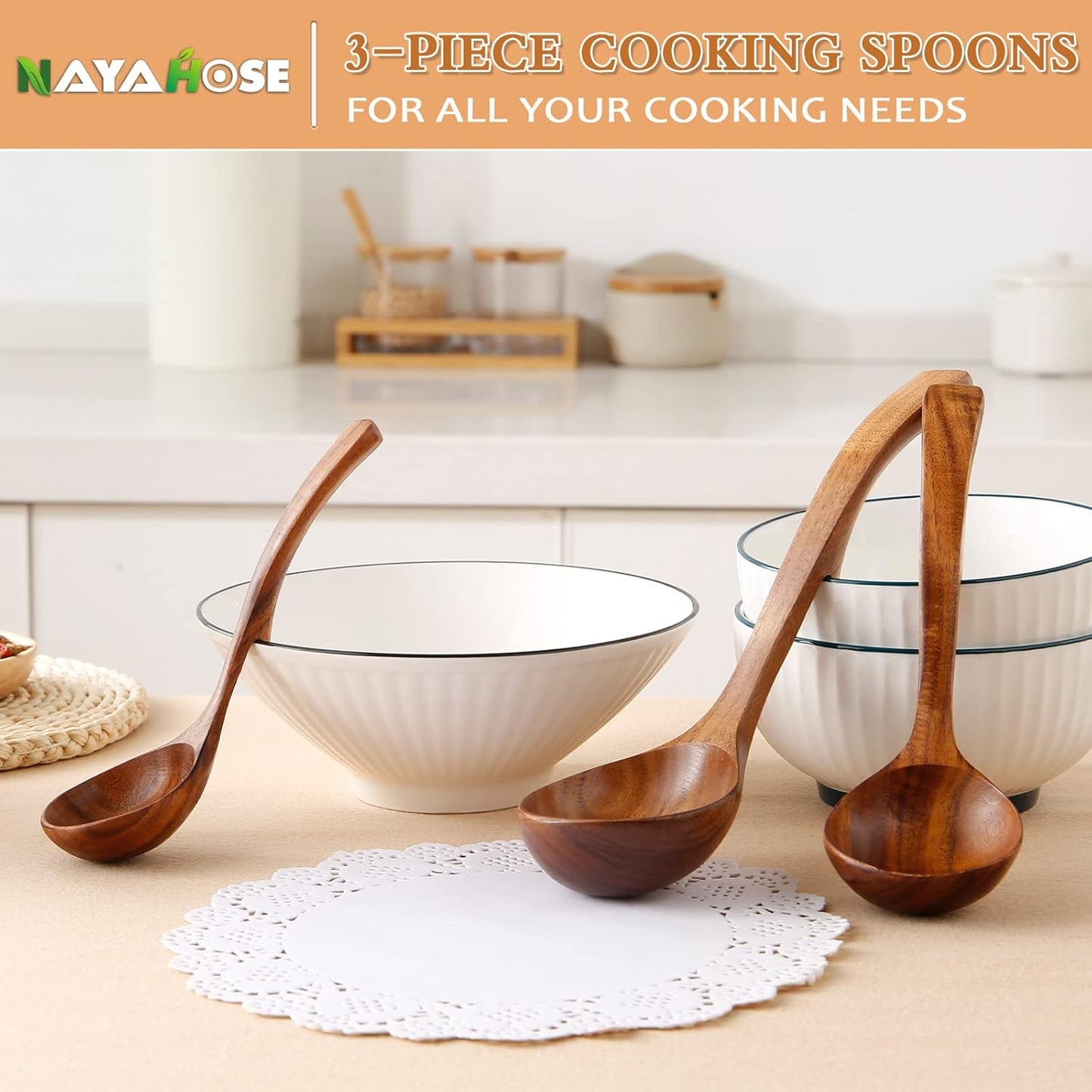 Wooden Ladles Soup Set, 3 Size Wooden Spoons For Cooking, Non-Stick Wooden Spoon, Natural Teak Wood Cooking Spoons, Kitchen Utensils set