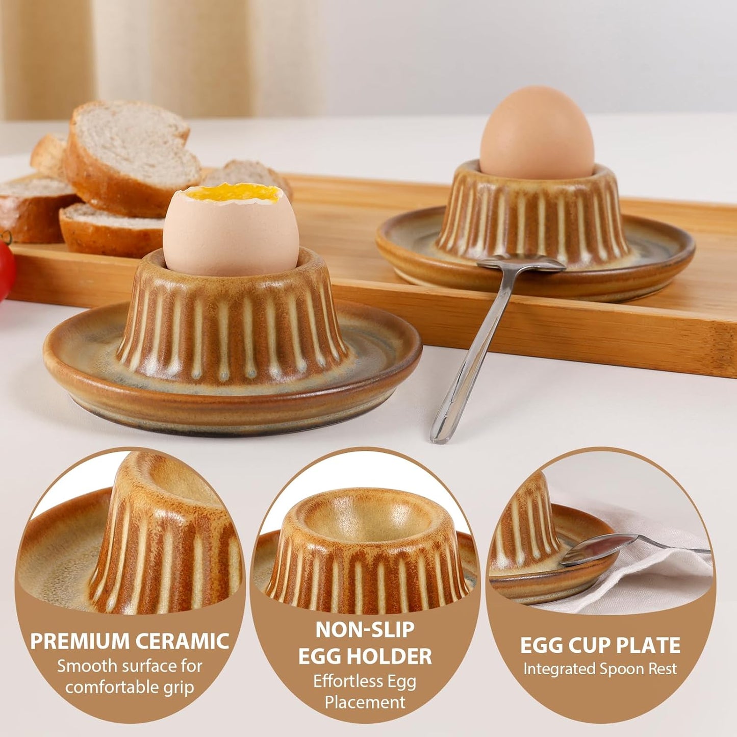 INGOFIN 2 Pcs Ceramic Egg Cups, Soft Boiled Egg Holders Set, Classic Porcelain Stackable, Easy to Clean Tray, Decorative Serving Dish for Breakfast, Easter or Kitchen, Brown