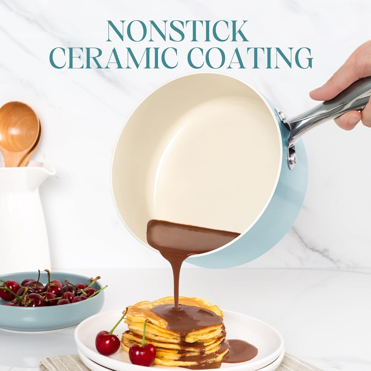 MICHELANGELO 3 Quart Saucepan with Lid - Non Toxic Sauce Pan with Nonstick Ceramic Coating, Scratch-Resistant, Induction Saucepan Suitable for All Stovetops, Light Blue