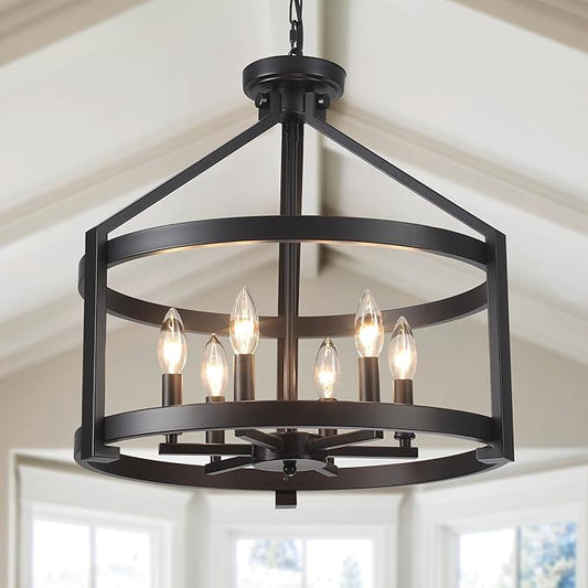 6-Light Black Farmhouse Chandelier for Dining Room,20" Modern Hanging Pendant Lighting for Kitchen Island,Rustic Semi Flush Mount Ceiling Light Fixture Drum Chandeliers for Foyer Kitchen Entryway