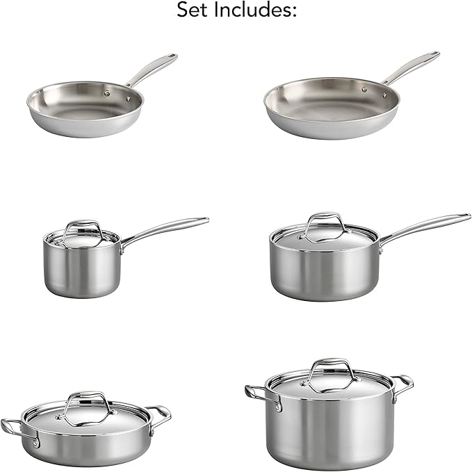 Tramontina Tri-Ply Clad Stainless Steel 10-Piece Cookware Set with Lids, Pots and Pans Kitchen Set, Induction-Ready, Dishwasher-Safe, NSF-Certified, Made in Brazil
