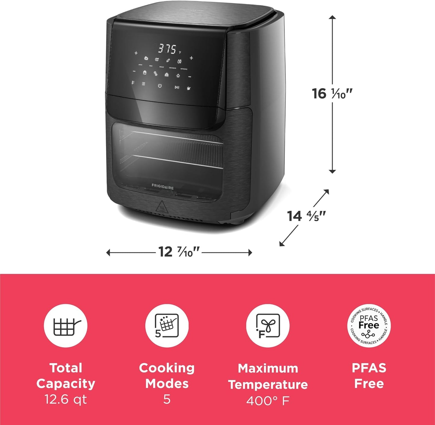 Frigidaire 5-in-1 Air Fryer Combo Oven with Viewing Window, Large 12.6 QT Capacity, Digital Display, 5 Cooking Modes, 7 Recipe Presets, Automatic Shake Reminder, PFAS-Free Cooking Surfaces, Black