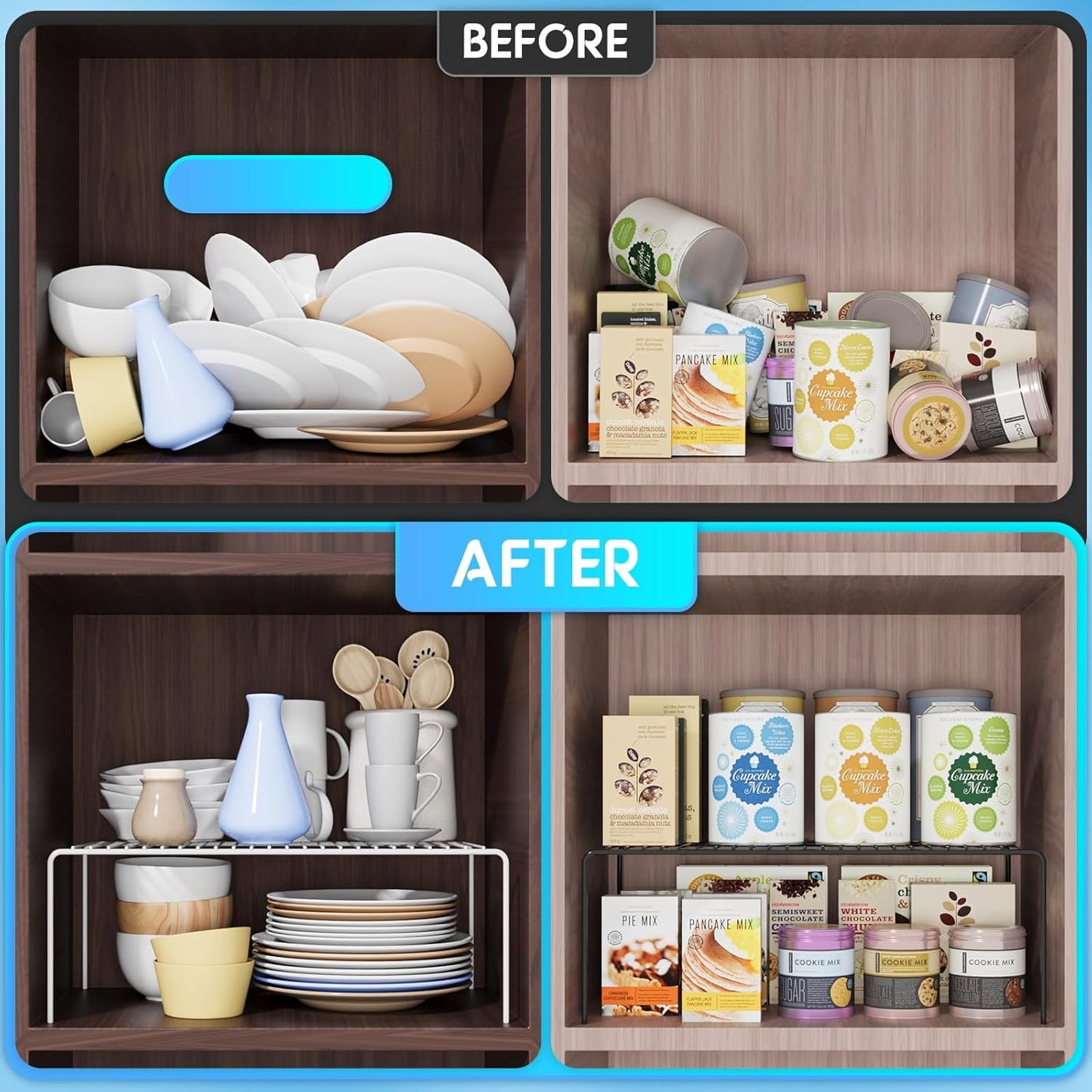 Medium(13 x 9.4 inch)Black Cabinet Storage Shelf Rack Set of 6, Rustproof Metal Wire Kitchen Counter Organizers and Storage, Spice Organization for Cabinet, Plate, Dish, Pantry, Bathroom, Fridge