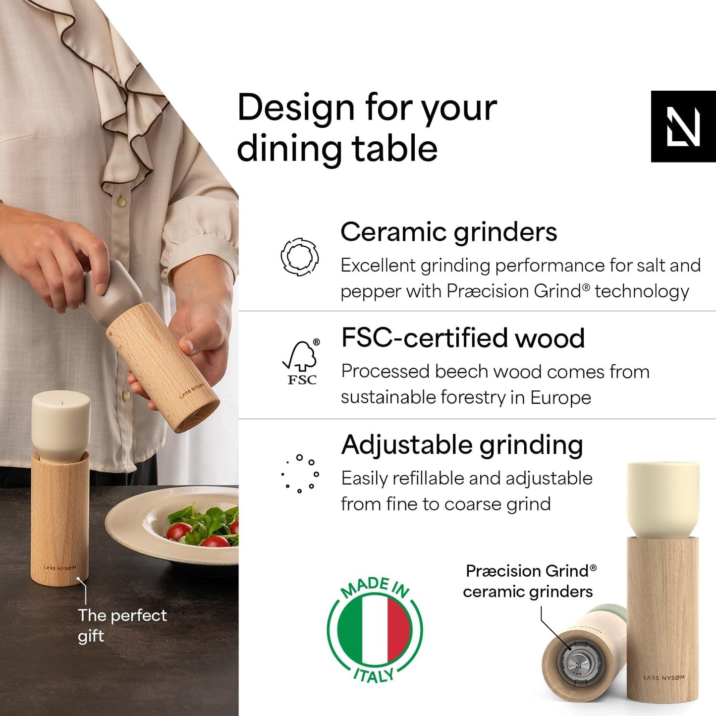 LARS NYSØM Wooden Salt and Pepper Grinder Set Manual with Tray - Salt and Pepper Mills with Adjustable Ceramic Grinder - Elegant Beechwood Pepper and Salt Mill Set for Dining Table (Green/Beige)