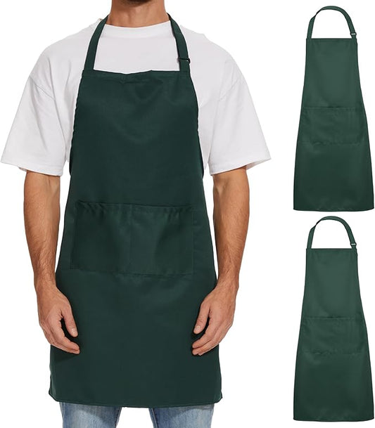 Will Well Kitchen Apron for Men and Women - 33" x 27" Oil-and-Water-Resistant with Adjustable Neck Strap and 38" Waist Ties for a Snug Fit, Lightweight with 2 Front Pockets - 2-Pack, Green
