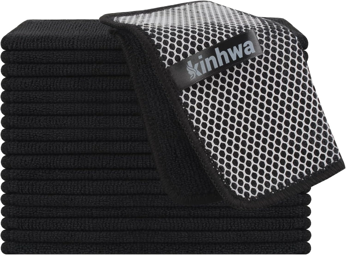 KinHwa Kitchen Washcloths for Dishes Absorbent Microfiber Dish Cloths Quick Dry Dish Rags with Poly Scour Scrub Side Ideal for Kitchen Cleaning (Black, 7inchx7inch 18 Pack)