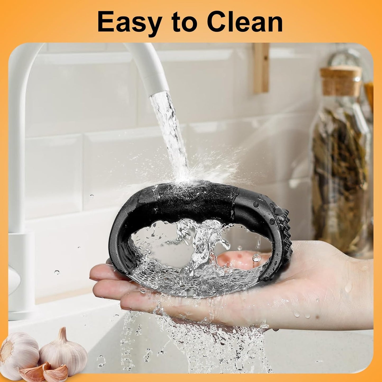 2Pcs Garlic Press Rocker, Stainless Steel GarlicMincer and Garlic Crusher, Easy-Squeeze GarlicTool (black+black)