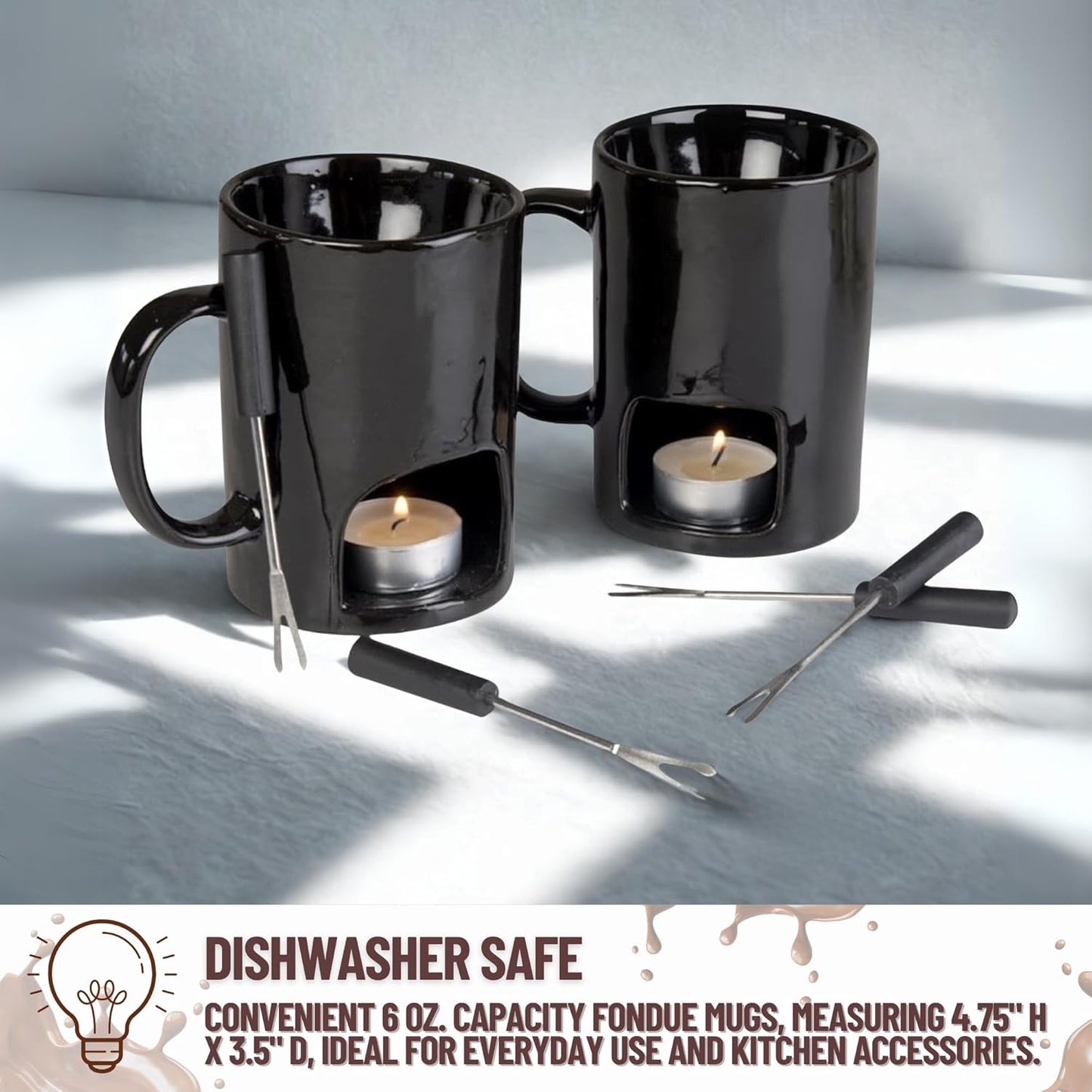 Evelots Fondue Pot Set for Chocolate, Cheese, Candy (2 Pack) Mini Ceramic Fondue Mugs Gift Set with 4 Forks & 8 Candles - Great for Date Night Birthday & Wedding Gifts