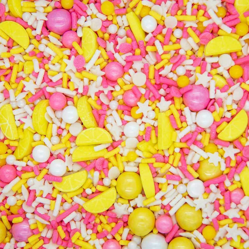 Sprinkles for Cake, Cookie, Cupcake Decorating, and Baking - Fancy Edible Cake Sprinkles and Toppings - Yellow Jimmies, Pink Sugar Pearl, White Confetti Quin Sprinkles with Yellow Lemon Shaped Candies