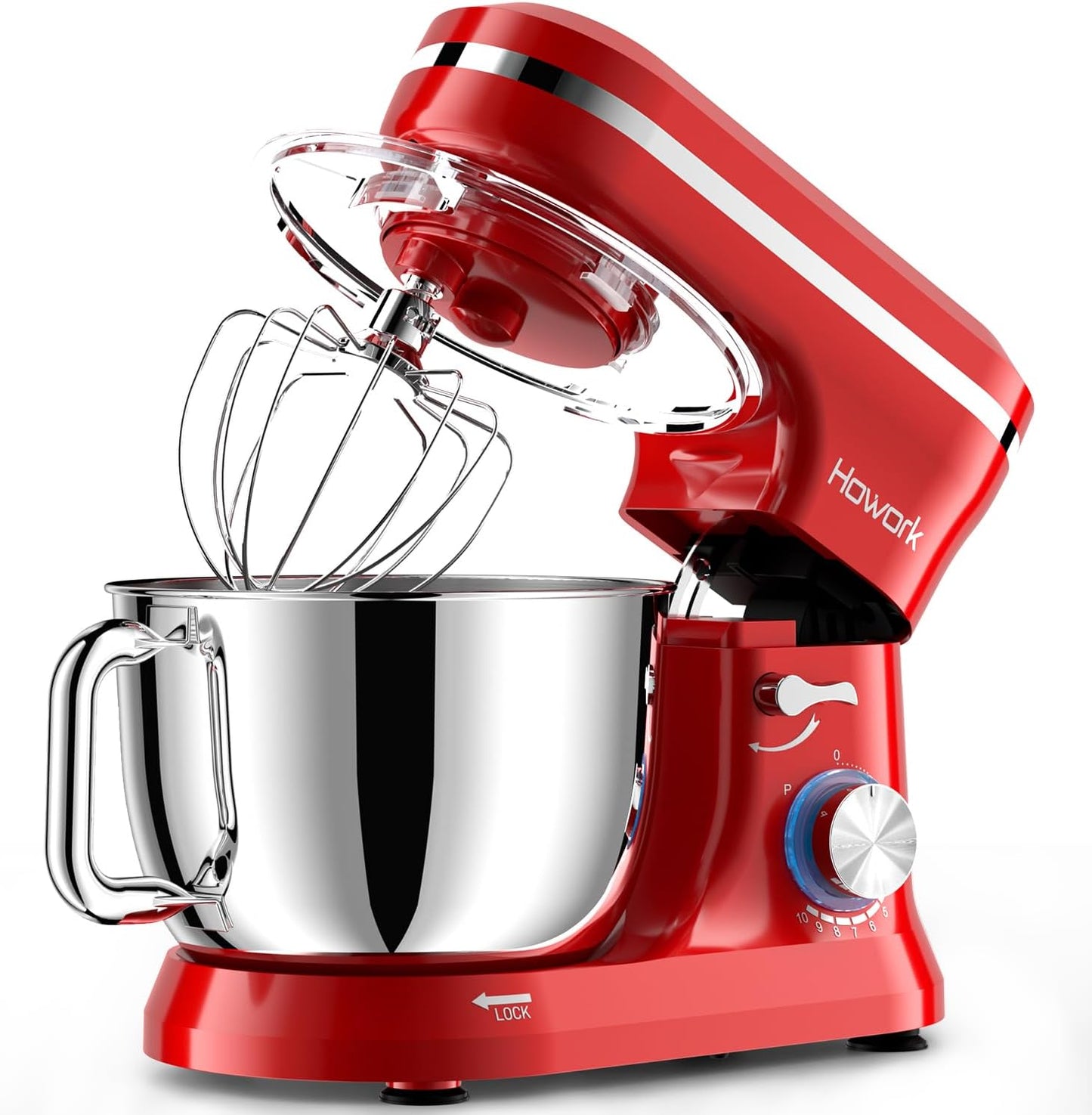 HOWORK Electric Stand Mixer,10+p Speeds With 6.5QT Stainless Steel Bowl,Dough Hook, Wire Whip & Beater,for Most Home Cooks,Bright Red