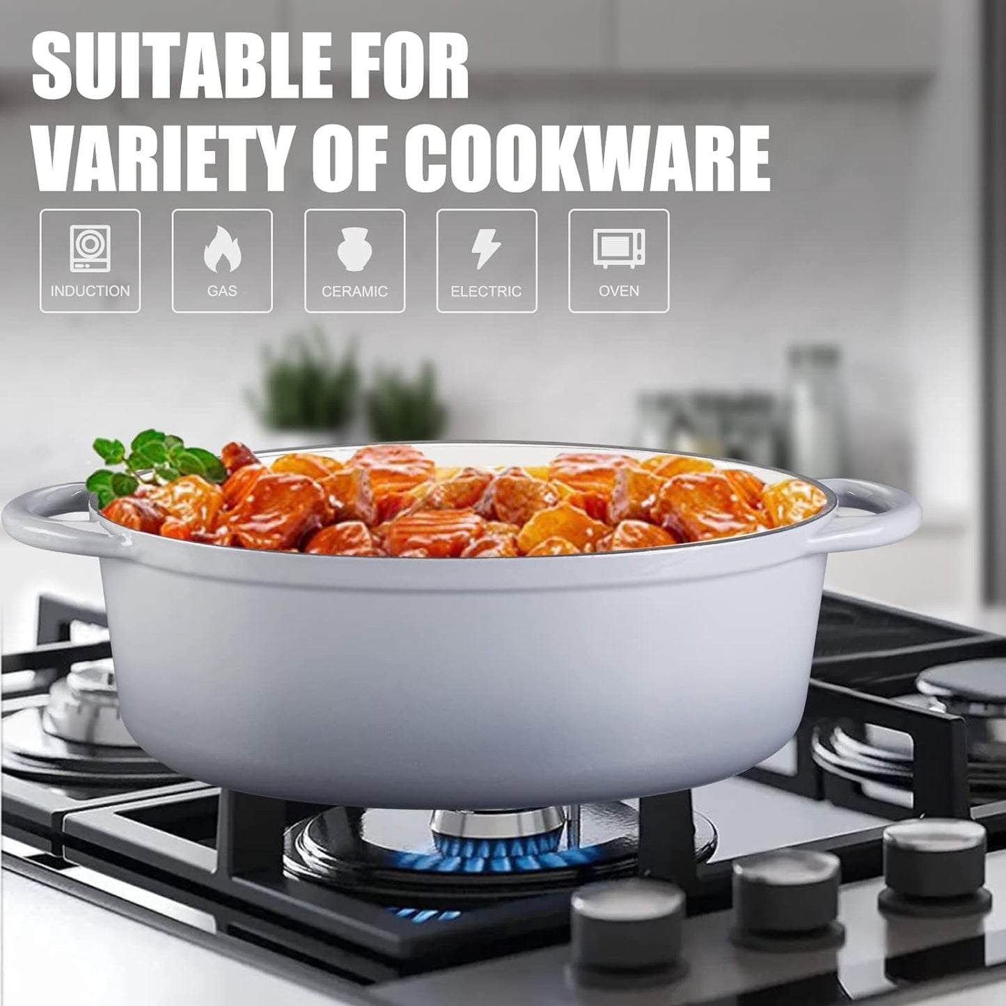 Enameled Cast Iron Oval Dutch Oven, 7 qt Oval Dutch Oven Pot with Lid and Dual Handles for Braising, for Braising, Broiling, Bread Baking, Frying, Gray