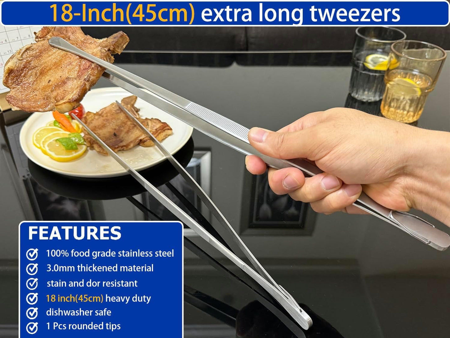 JETKONG 18 Inch (45cm) Extra Long Grill Tongs, Heavy Duty Stainless Steel Tweezer Tongs for Cooking, Grilling, Barbecue/BBQ, Buffet and Turning Food (Round Tips)