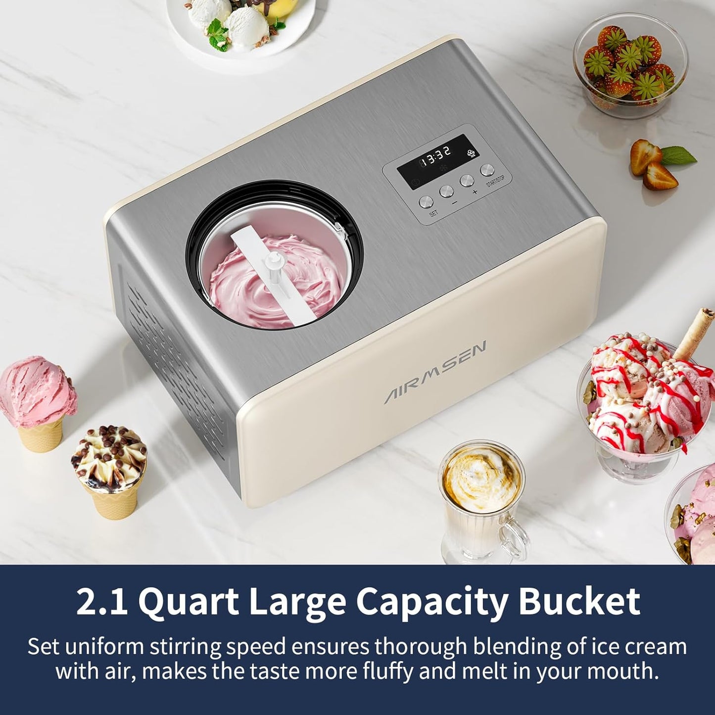 AIRMSEN 2.1-Quart Ice Cream Maker Machine with Built-in Compressor, No Pre-Freezing Required, Fully Automatic Frozen Treats Maker with LED Display & Timer, 72-Minute Cooling Function, Stainless Steel