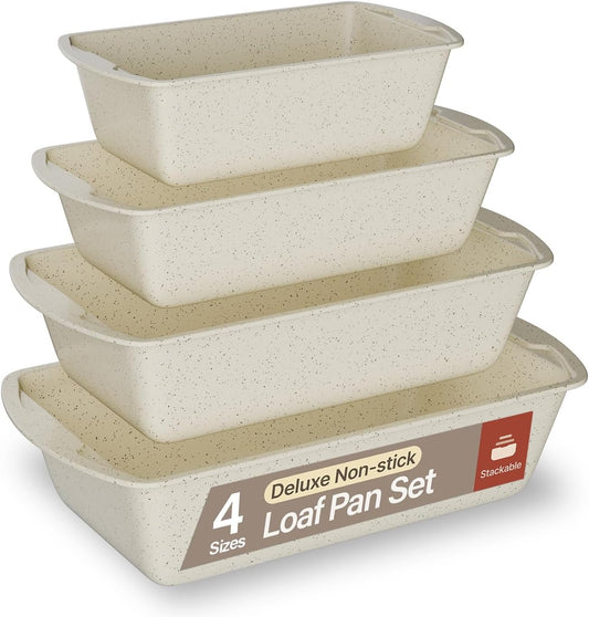 Nonstick Loaf Pan Set Pack of 4, 7" to 11" Large Baking Bread Pan, Oven Safe Up to 450°F, PFOA, PFOS, PTFE Free, Space Saving Stackable Design, Stain Resistant, Dishwasher Friendly, White Marble